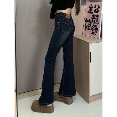 批发美式高个子微喇弹力秋冬牛仔裤女修身显瘦复古辣妹加长喇叭马蹄裤