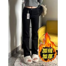 批发<b class='q'>高腰</b>黑色直筒牛仔裤弹力秋季垂感烟管梨形身材加绒新款显瘦拖地裤