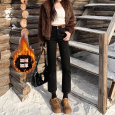 批发2025黑色加绒直筒<b class='q'>牛仔裤</b>女秋冬款高腰小个子修身显瘦<b class='q'>九分</b>烟管裤