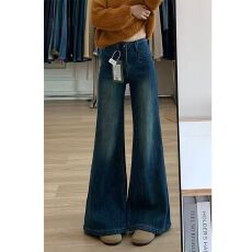 批发小个子美式复古弹力阔腿<b class='q'>牛仔裤</b>女秋季新款遮肉宽松显瘦微喇叭裤