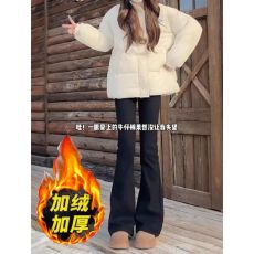 批发美式黑色大码高腰微喇<b class='q'>牛仔裤</b>女冬季加绒<b class='q'>弹力</b>加绒喇叭马蹄裤子ins