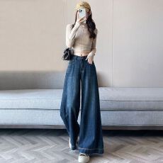 韩版高级感蓝灰色高腰牛仔裤女垂感阔腿弹力宽松早秋气质长裤显瘦