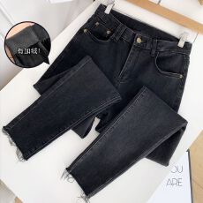 批发2026年春秋新款 烟灰色毛边<b class='q'>牛仔裤</b>女 修身小脚铅笔裤子