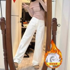 批发韩系水洗高腰宽松直筒加绒百搭<b class='q'>白色</b><b class='q'>牛仔裤</b>女秋冬季新款直筒拖地裤