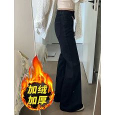 批发韩系简约通勤款宽松不贴<b class='q'>腿</b>黑色微喇加绒牛仔<b class='q'>裤</b>女秋冬季百搭马蹄<b class='q'>裤</b>