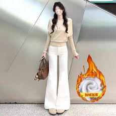 批发韩系<b class='q'>白色</b>低腰加绒微喇<b class='q'>牛仔裤</b>女2025秋冬新款简约不贴腿宽松喇叭裤