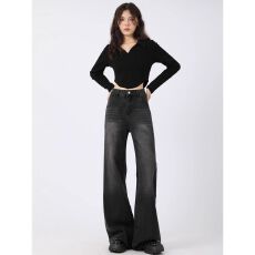 批发韩版水洗黑灰色宽松直筒阔腿百搭<b class='q'>牛仔裤</b>秋冬新款简约通勤款<b class='q'>牛仔裤</b>