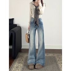 批发做旧浅蓝色弹力微喇叭牛仔裤女小个子美式复古低腰显瘦拖地马蹄裤