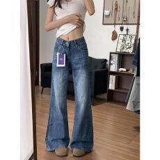 批发小个子复古竹节纹低腰微喇牛仔裤女秋季新款宽松阔腿显瘦喇叭裤子