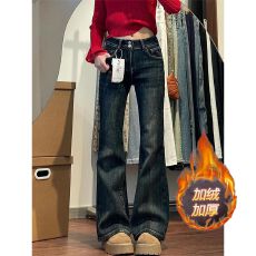 批发小个子美式复古微喇水洗牛仔裤<b class='q'>女</b>秋冬加绒加厚辣妹百搭马蹄喇叭<b class='q'>裤</b>