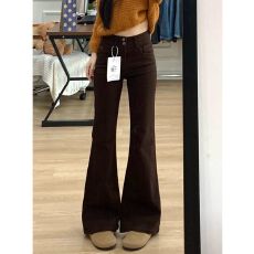 批发小个子高腰显瘦咖啡色微喇牛仔裤女<b class='q'>秋</b>冬新款弹力不贴腿拖地喇叭裤