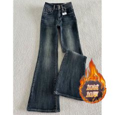 批发小个子美式复古做旧双纽扣微喇牛仔裤女加绒修身显瘦百搭马蹄长裤