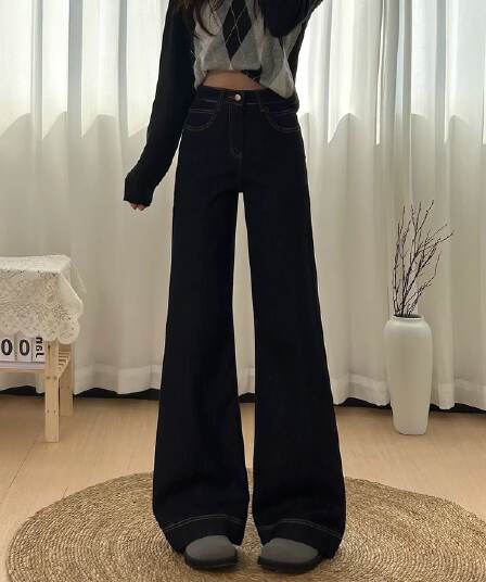 아메리칸 워싱 루즈핏 아니요 막대기 다리 진한 파란색 부츠컷 청바지 여성 봄 슬림해 보이는 하이웨이스트 스트레이트 나팔 바지