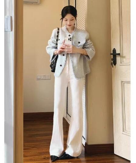 한 부서 워싱 다용도 루즈핏 아니요 막대기 다리 달콤한 자매 화이트 부츠컷 청바지 봄 몸매 가꾸기 슬림해 보이는 바닥 청소 긴 바지