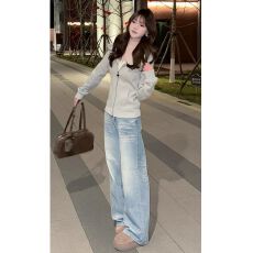 批发韩系水洗高腰宽松直筒阔腿牛仔裤2026春季百搭时尚垂感阔腿长裤子