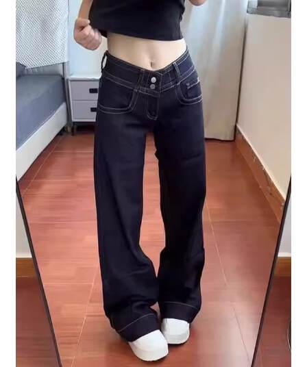 아메리칸 레트로 더블 허리 버클 아니요 막대기 다리 부츠컷 청바지 여자 봄 작은 대중 슬림해 보이는 다용도 로우 웨이스트 스트레이트 팬츠