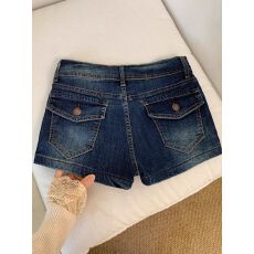 批发小个子美式辣妹低腰牛仔短裤女夏深蓝色百搭显瘦修身提臀a字热裤