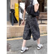 批发小个子美式复古迷彩色七分裤阔腿牛仔裤女夏季高腰宽松显瘦直筒裤