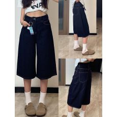 批发小个子深蓝色七分牛仔裤女夏季美式高腰宽松百搭显瘦直筒阔腿中裤