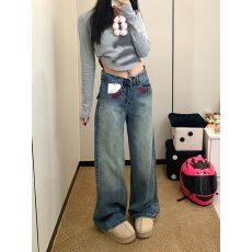 批发<b class='q'>时尚</b>设计感刺烫钻绣阔腿牛仔裤女高腰宽松显瘦百搭直筒拖地长裤潮