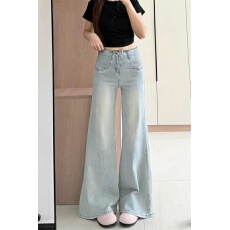 批发浅蓝色<b class='q'>微喇</b><b class='q'>牛仔裤</b>女2026春季新款宽松显瘦垂感不贴腿拖地喇叭裤子
