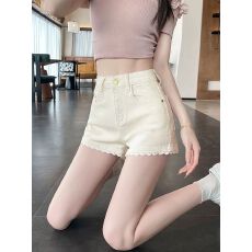 批发米白蕾丝花边拼接牛仔<b class='q'>短裤</b>女夏薄<b class='q'>高腰</b>弹力修身小个子a字辣妹热裤