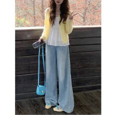 批发复古浅蓝色阔腿<b class='q'>牛仔裤</b>女夏季新款高腰宽松显瘦垂感<b class='q'>直筒</b>拖地长裤