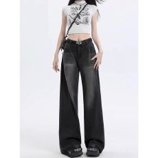 批发美式灰色牛仔<b class='q'>裤</b>夏季新款复古气质宽松直筒高腰显瘦阔<b class='q'>腿</b>拖地<b class='q'>裤</b>子潮