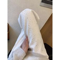 重工烫钻白色阔腿牛仔裤女春季辣妹高腰显瘦百搭宽松直筒拖地长裤