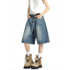 批发弯刀牛仔短裤美式复古阔腿休闲五分裤男女夏宽松直筒中裤