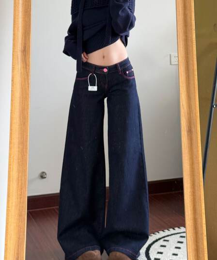 아메리칸 레트로 파우더 라인 명중 세단 닝 블루 넓은 다리 청바지 여성 여름 루즈핏 도루 센스 슬림해 보이는 로우 웨이스트 스트레이트 팬츠