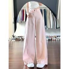 批发韩系水洗樱花粉宽松弯刀阔腿牛仔裤女夏季新款爆款通勤款粉色裤<b class='q'>子</b>