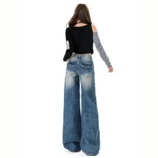 批发辣妹高街水洗 扎花皱褶设计 复古刺绣<b class='q'>百搭</b> 宽松阔腿直筒<b class='q'>裤</b>