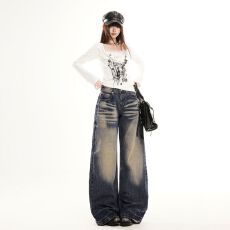 批发男女同款YKK 美式水洗做旧 猫须折褶竹节纹 宽松<b class='q'>百搭</b>弯刀<b class='q'>裤</b>