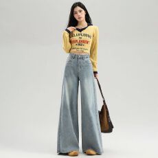 批发浅蓝色阔腿牛仔<b class='q'>裤</b>女春秋2026年新款设计感<b class='q'>显瘦</b>高腰垂感宽松拖地<b class='q'>裤</b>