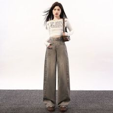 批发复古微喇阔腿<b class='q'>牛仔</b>裤女春季新款高腰显瘦腰带设计小个子拖地马蹄裤