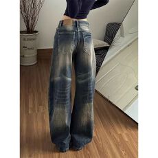 批发美式复古水洗做旧竹节纹弯刀<b class='q'>牛仔</b>裤女春季新款宽松显瘦拖地阔腿裤