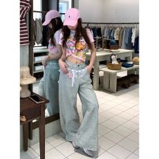 批发设计感蕾丝花边拼接牛仔裤女春季复古水洗碎花高腰阔腿拖地直筒裤