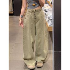 批发复古卡其色褶皱工装牛仔阔腿裤女夏季气质小个子垂感显瘦直筒<b class='q'>长裤</b>
