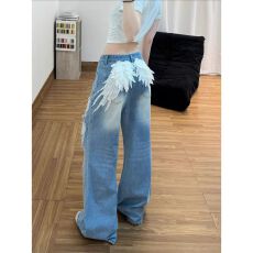 批发辣妹复古翅膀刺绣牛仔裤女春季做旧水洗破洞宽松烫钻阔腿拖地<b class='q'>长裤</b>