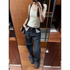 批发辣妹复古红边碎花赤耳牛仔阔腿裤女夏季小个子高腰褶皱直筒<b class='q'>长裤</b>子