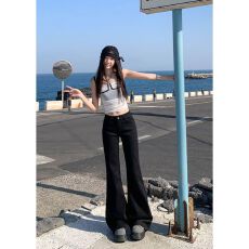 批发美式高腰辣妹微喇牛仔裤女<b class='q'>春</b>夏新款修身显瘦百搭拖地喇叭长裤子潮