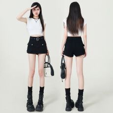 批发黑色<b class='q'>牛仔</b><b class='q'>短裤</b>女2026年夏季新款美式大口袋腰带设计感热裤
