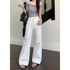 批发小个子辣妹纯色褶皱高腰牛仔微喇裤女<b class='q'>春</b>夏性感垂感显瘦马蹄长裤子