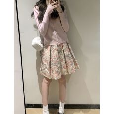 批发韩系甜美设计感碎花百褶半身裙女2026年春季新款高腰显瘦百搭中裙