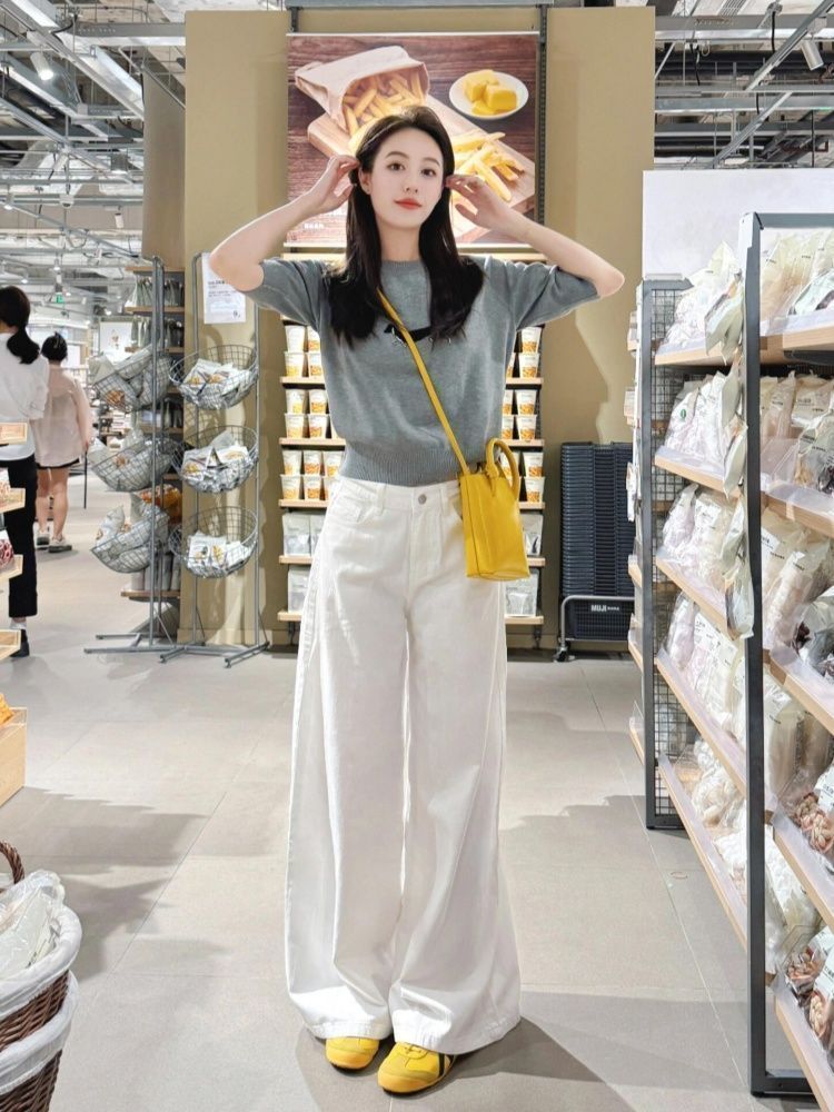 한국 스타일 미니멀리즘 화이트 루즈핏 아니요 막대기 다리 넓은 다리 다용도 청바지 여성 2026 작은 대중 외출용 출퇴근 섹션 바지