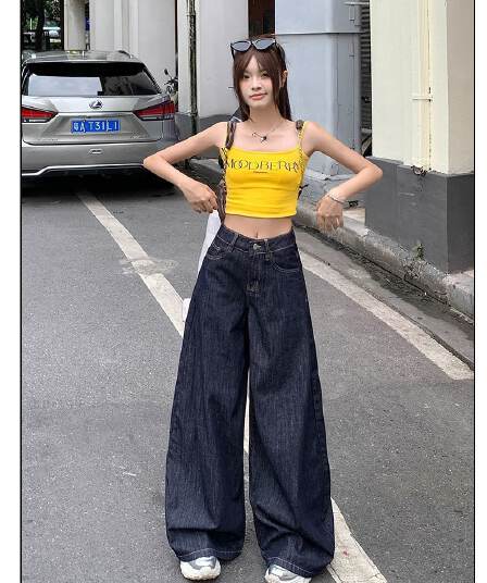 한 스타일 진한 파란색 루즈핏 레트로 넓은 다리 청바지 2026 새로운 하이웨이스트 핫걸 슬림해 보이는 스트레이트 바닥 청소 바지