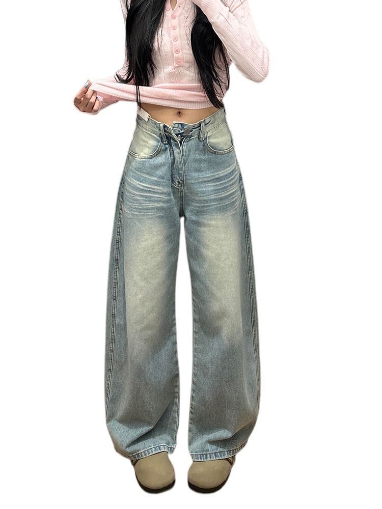 빛 럭셔리 질감 하늘색 자수 청바지 여성 아메리칸 모통이 칼 자르기 루즈핏 도루 센스 품격 와이드 레그 팬츠