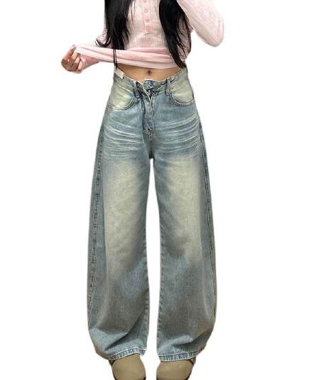 빛 럭셔리 질감 하늘색 자수 청바지 여성 아메리칸 모통이 칼 자르기 루즈핏 도루 센스 품격 와이드 레그 팬츠