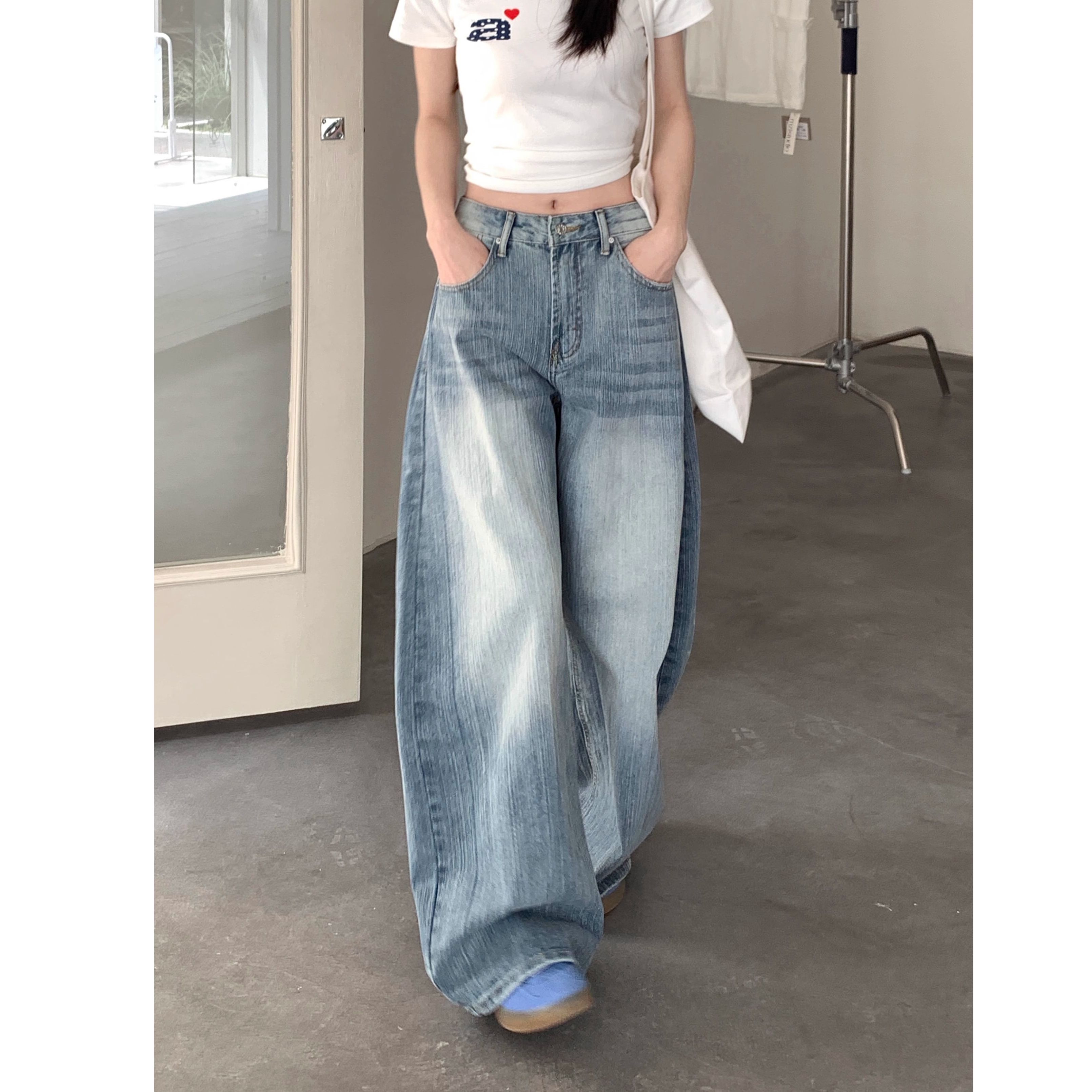 레트로 노스탤지어 워싱 루즈핏 청바지 여성 여름 하이웨이스트 다용도 하늘색 와이드 레그 팬츠 긴 바지 모통이 칼 바지